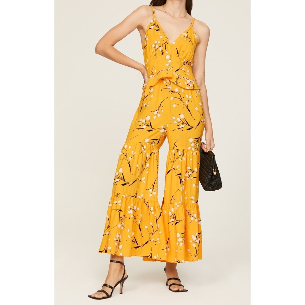 Thakoon Collective Jumpsuit Womens 2 Yellow Floral Tiered Retro Boho Wide Leg